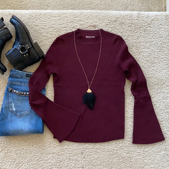 Wine Color Flare Sleeve Ribbed Knit Top - Picture 3 of 8
